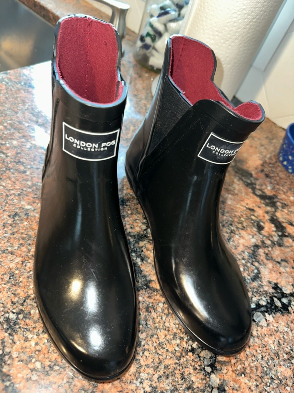 London Fog Black Glossy Ankle Rain Boots with Burgundy Lining